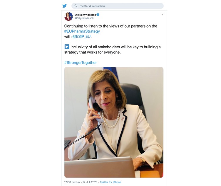 Tweet der EU-Kommissarin für Gesundheit, Stella Kyriakides, die über ihr Gespräch mit der Deutschen Sozialversicherung und der Platform der europäischen Sozialversicherer (ESIP) berichtet