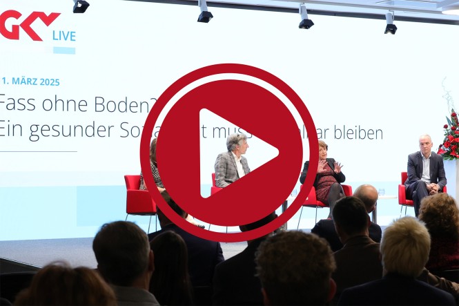 Mehrere Menschen sitzen vor einer Leinwand und diskutieren. Davor ist ein roter Play-Button eingefügt.